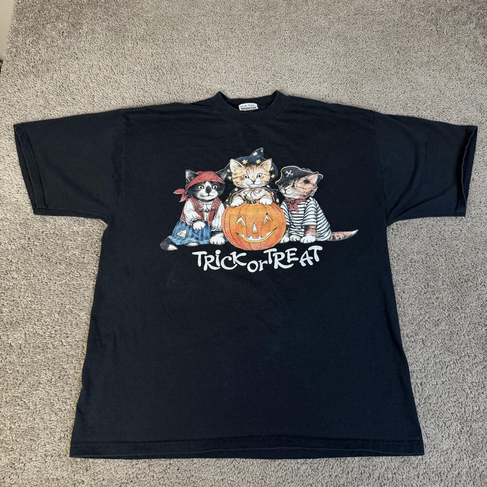 Vintage Basic Editions Halloween Shirt Mens XL Black Trick Or Treat Cats Graphic